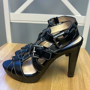 Coach Stefanie Vachetta T-Strap Ankle Leather Sandals Wooden Platform He…